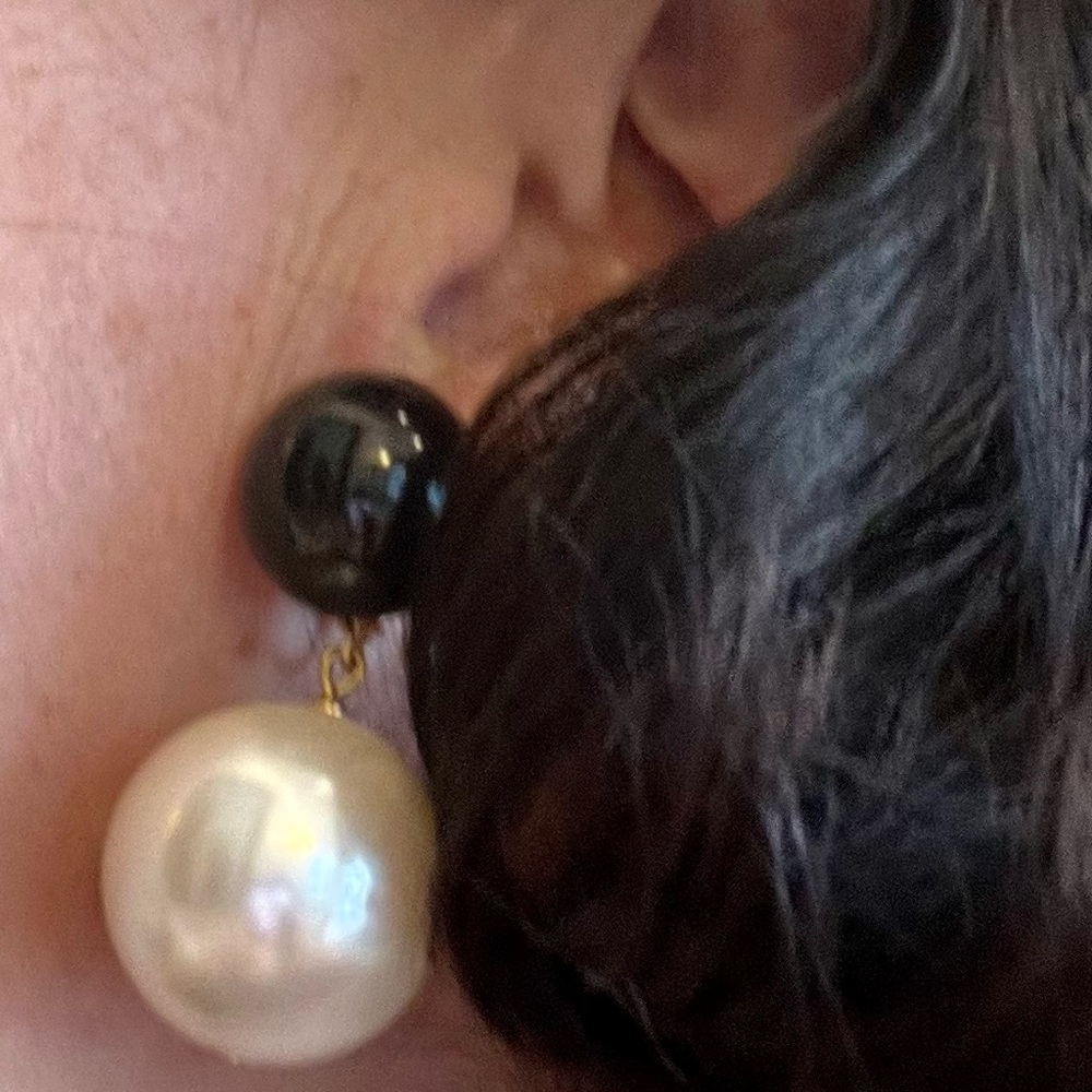 Vintage Faux Pearl Black Bead Clip On Earrings